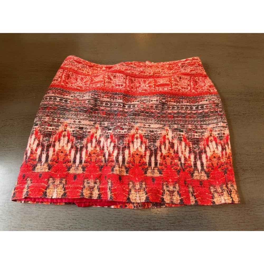 HM Womens Red Orange Ikat Tribal Print Mini Skirt Cotton Linen Size 6 0204618